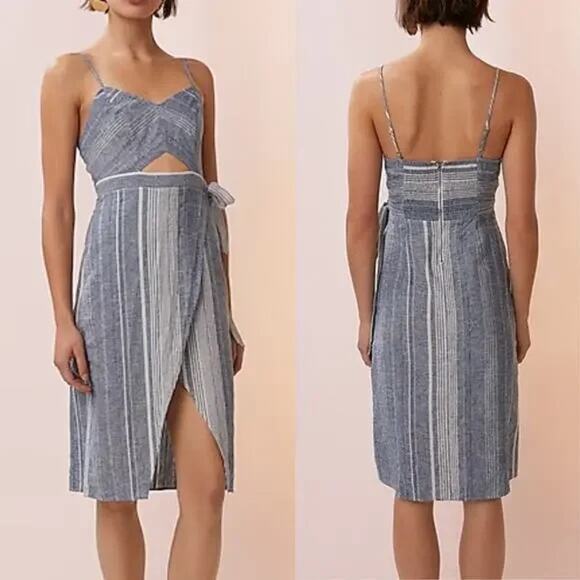 Express NWT Blue White Stripe Linen Blend Cut Out Strappy Wrap Midi Dress - Picture 1 of 11